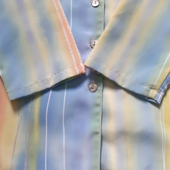 Vintage 80s Vera V-Neck Button Up Long Sleeve Stripe Top Pastels Blue Size 14 - Picture 11 of 13